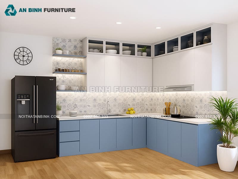 Tủ bếp gỗ MDF phủ Melamine xanh pastel và trắng hiện đại - TBME052