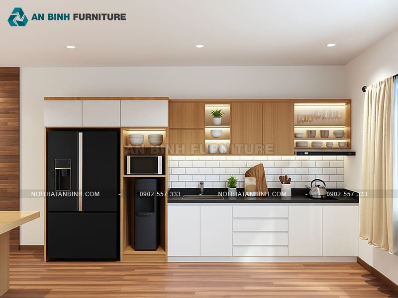 Tủ bếp gỗ MDF phủ Melamine chống ẩm phối gỗ tự nhiên - TBME059