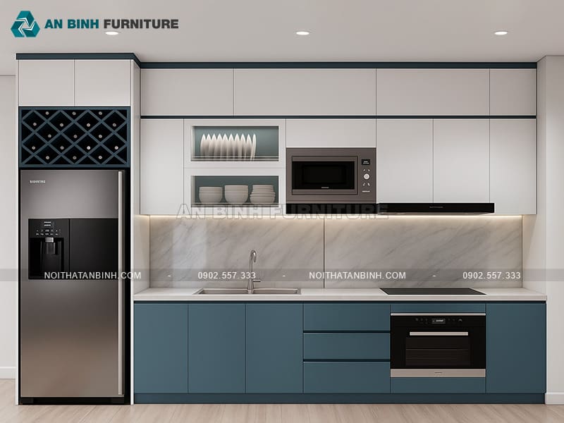 Tủ bếp nhựa PVC phủ Melamine chống nước phối trắng xanh - TBME062