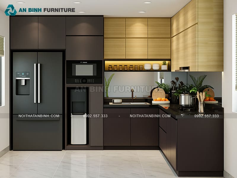 Tủ bếp gỗ MDF phủ Melamine cao cấp nâu vàng sang trọng - TBME063