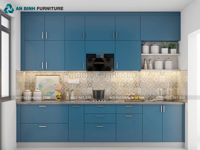Tủ bếp nhựa PVC phủ Melamine chống ẩm sắc xanh nổi bật - TBME064