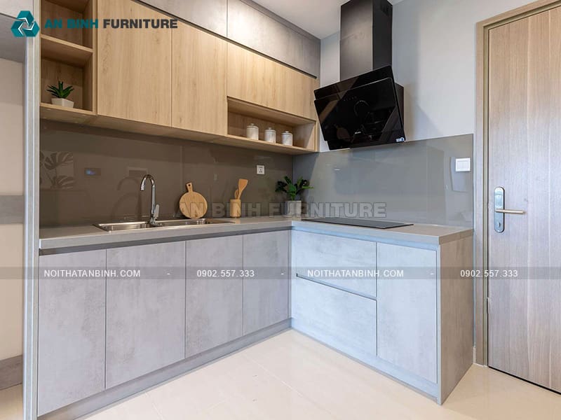 Tủ bếp gỗ MDF Melamine xám xi măng phong cách tối giản - TBME065