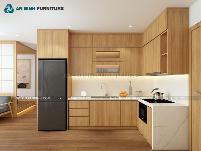 Mẫu tủ bếp gỗ MDF phủ Melamine cao cấp tông màu gỗ sồi - TBME066
