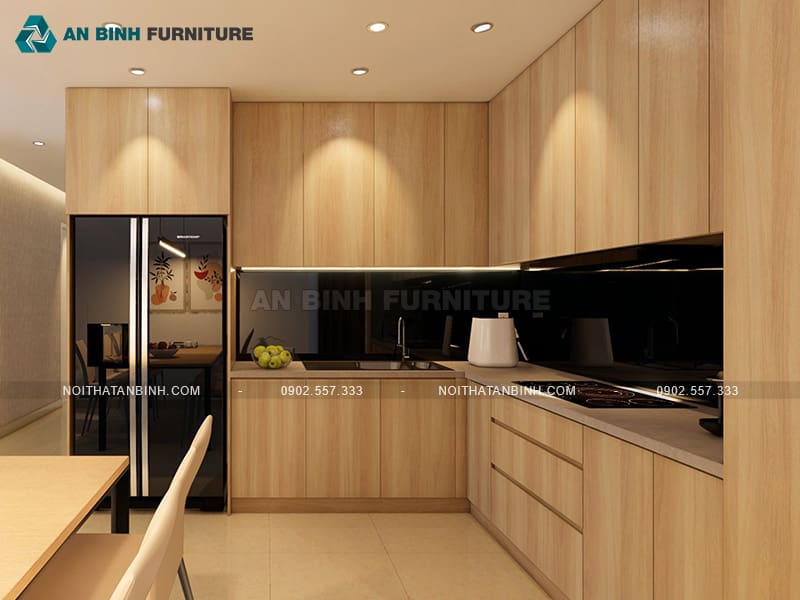 Mẫu tủ bếp gỗ MDF phủ Melamine phối kính đen sang trọng - TBME068