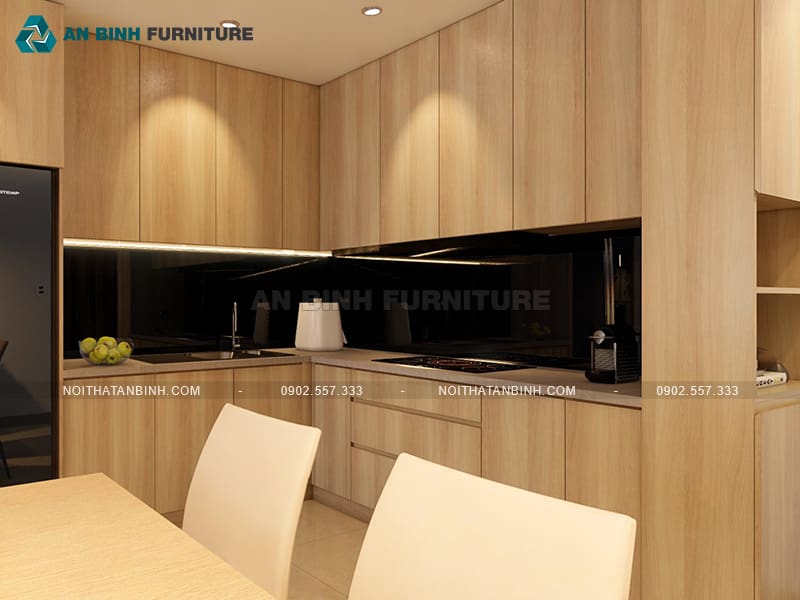 Mẫu tủ bếp gỗ MDF phủ Melamine phối kính đen sang trọng - TBME068