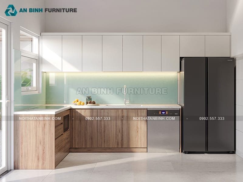 Tủ bếp gỗ MDF phủ Melamine sáng phối kính xanh dịu nhẹ - TBME071
