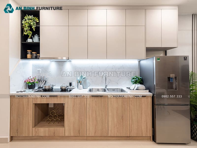 Tủ bếp nhựa PVC Melamine chữ I liền phòng khách hiện đại - TBME072