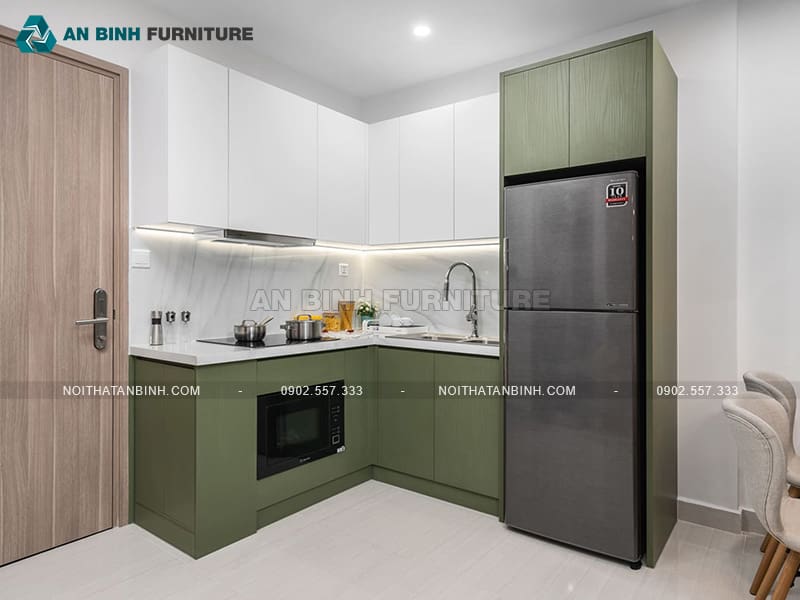 Tủ bếp gỗ MDF phủ Melamine xanh olive phối trắng tinh tế - TBME074