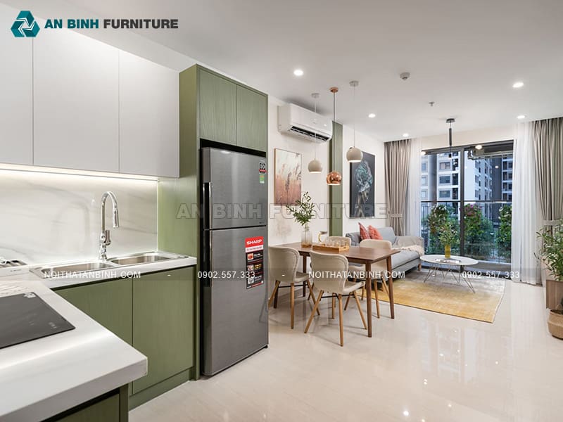 Tủ bếp gỗ MDF phủ Melamine xanh olive phối trắng tinh tế - TBME074