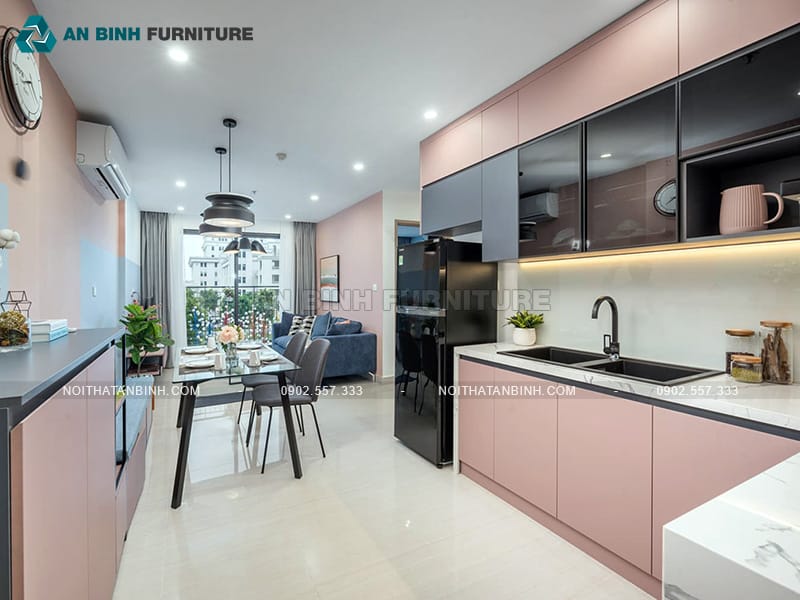 Tủ bếp nhựa PVC Melamine hồng phấn hiện đại trẻ trung - TBME075