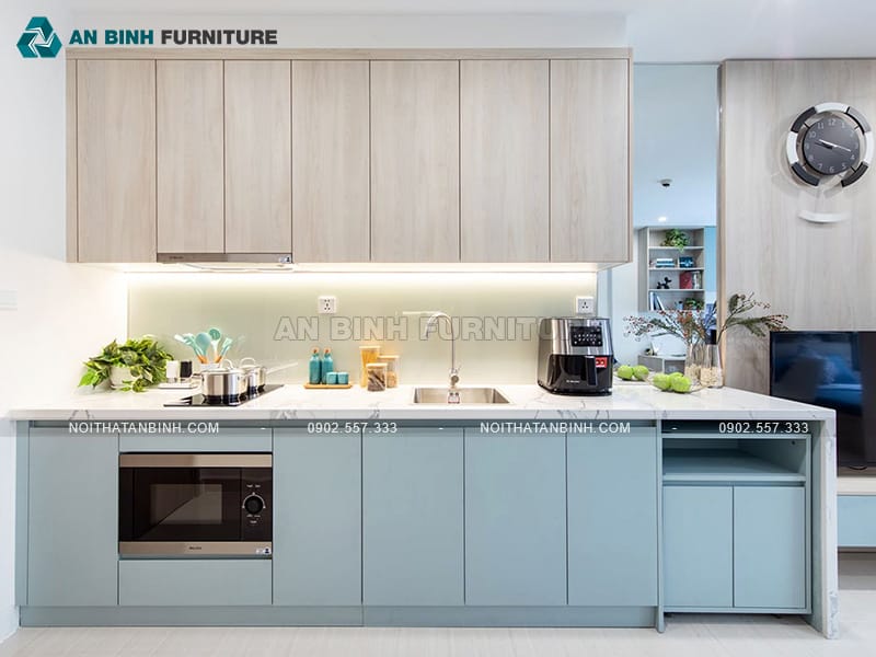 Tủ bếp gỗ MDF phủ Melamine xanh ghi phối vân gỗ tinh tế - TBME076