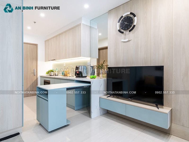 Tủ bếp gỗ MDF phủ Melamine xanh ghi phối vân gỗ tinh tế - TBME076