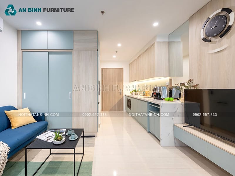 Tủ bếp gỗ MDF phủ Melamine xanh ghi phối vân gỗ tinh tế - TBME076