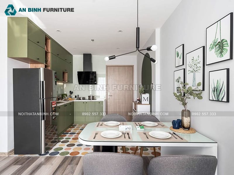 Tủ bếp nhựa đặc PVC phủ Melamine xanh olive đậm cá tính - TBME077