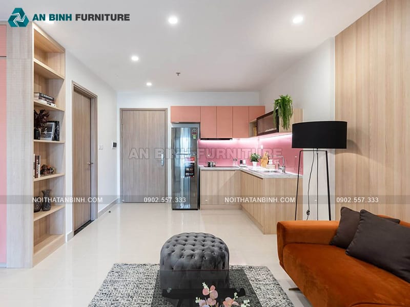 Tủ bếp nhựa PVC phủ Melamine hồng pastel phối gỗ vân sồi - TBME078