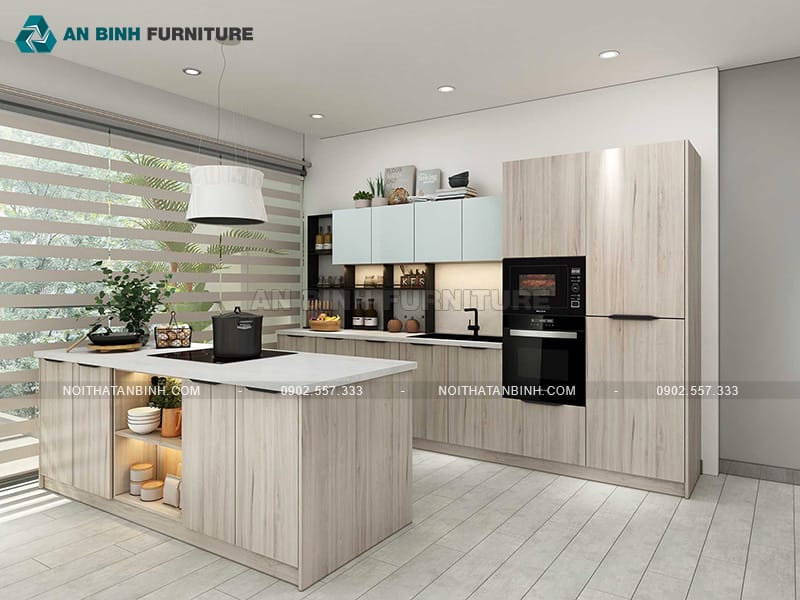 Tủ bếp nhựa PVC phủ Melamine vân gỗ có đảo bếp hiện đại - TBME080