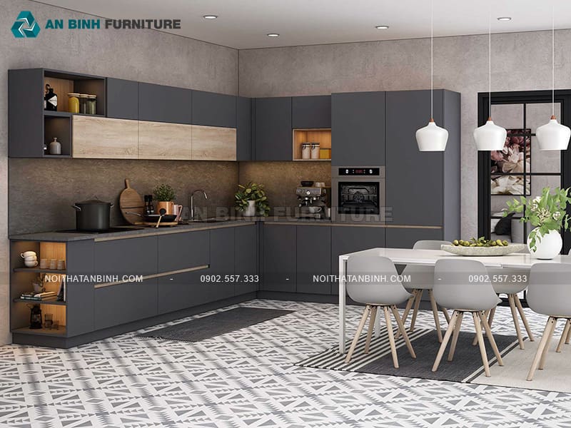 Tủ bếp gỗ MDF phủ Melamine xám than phối gỗ sang trọng - TBME083