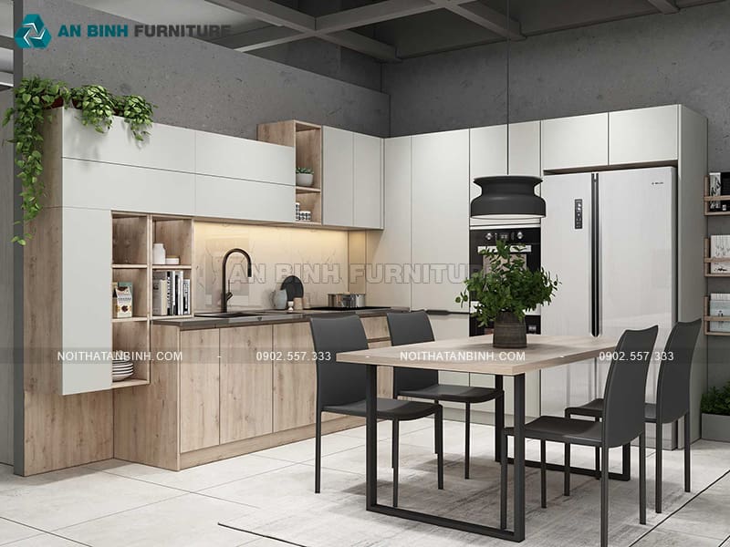 Mẫu tủ bếp gỗ MDF phủ Melamine tinh tế có kệ trang trí mở - TBME086