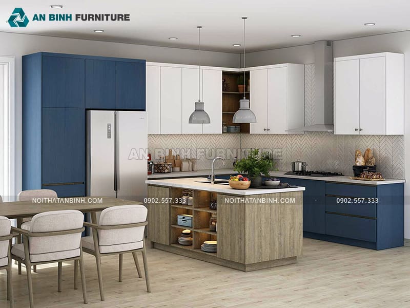 Mẫu tủ bếp nhựa PVC phủ Melamine có đảo bếp tiện nghi - TBME089