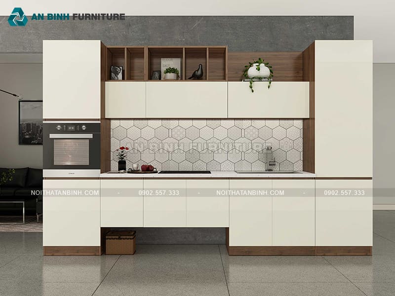 Tủ bếp gỗ MDF phủ Melamine kem nâu sang trọng tinh tế - TBME098