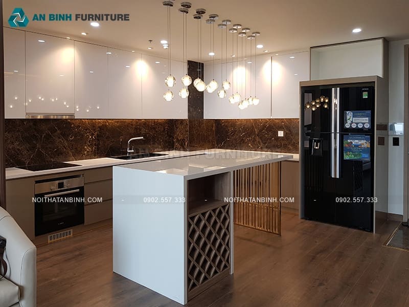 Công trình tủ bếp Acrylic thi công thực tế với bố cục hiện đại