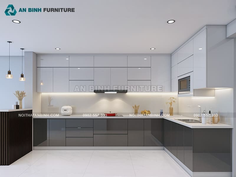 Mẫu tủ bếp Acrylic hiện đại với bề mặt bóng gương, thiết kế gọn gàng