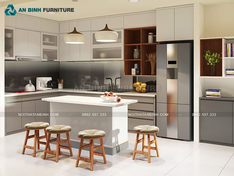 Tủ bếp có bàn đảo hiện đại, thiết kế gọn gàng và tiện nghi cho không gian bếp